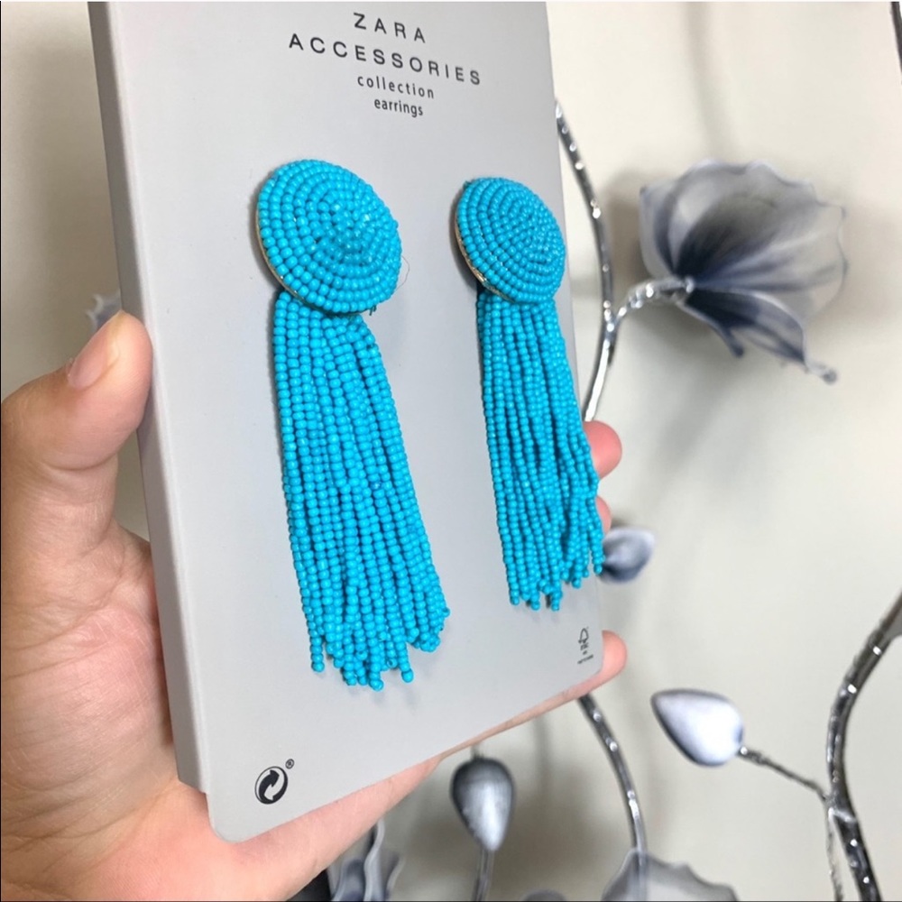 Zara Blue Beaded Tassel Earrings - Picture 2 of 4